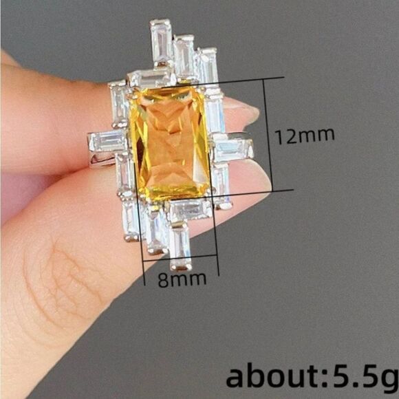 Canary Yellow  Emerald Cut 8.75 Ct. Sapphire Ring Clear White Baguette Sapphire - Picture 2 of 5